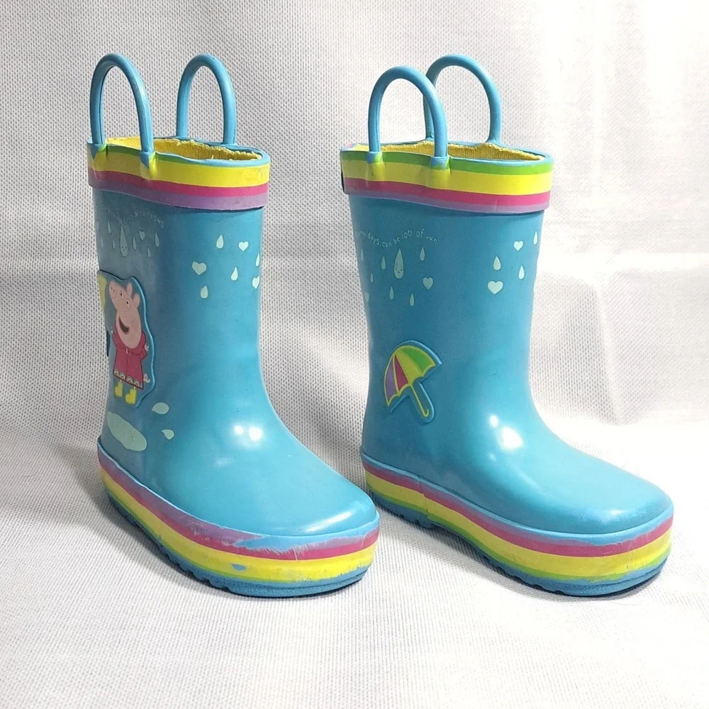 Peppa Pig Kids‎ Rain Boots Size 5-6 Pull On Galoshes Blue Rainbow Umbrella